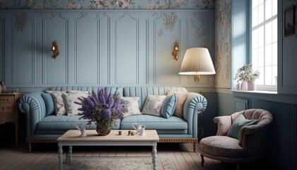 A shabby chic living room with a floral patterned sofa and vintage wooden coffee table. The walls are painted in a light shade of blue, creating a relaxing and peaceful atmosphere. generative ai