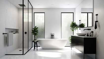 A sleek and modern bathroom with a minimalist white vanity and sleek black fixtures, featuring a large shower and luxurious freestanding tub generative ai
