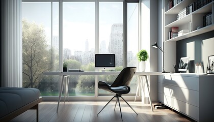 A sleek home office with a glass desk and modern chair, situated in the middle of a bustling city park. HD, realistic, natural lighting type generative ai