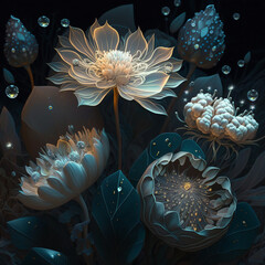Abstract flowers, innovative, creative, white flowers, white roses, dew, nature, generative AI
