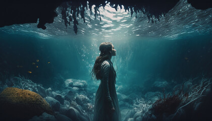 Bottom of the ocean, woman under the sea contemplating, generative AI