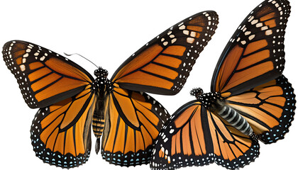 Fototapeta premium isolated orange monarch butterfly in flight, macro, png, transparent background, spring, summer, vertical, horizontal, close up, top view, side view, Generative AI
