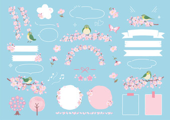 桜の枝にとまるメジロと春のフレームデザイン
