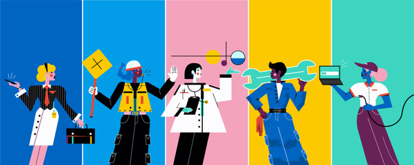 Set of vector women working in different professions, A professional woman illustration  - obrazy, fototapety, plakaty