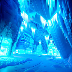 Obraz premium Hidden futuristic base, ice, city, frozen, cave, frozen cave, neon lights, 4k, photorealistic