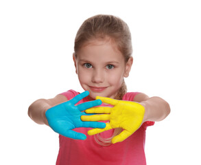 Little girl with hands painted in Ukrainian flag colors against white background, focus on palms. Love Ukraine concept