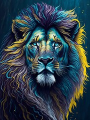 Elegant portrait pose of a lion in blue, purple and gold colors; painting style. Generative AI