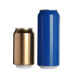 Aluminum cans with drinks on white background