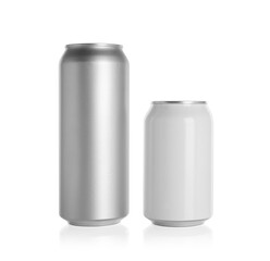 Aluminum cans with drinks on white background