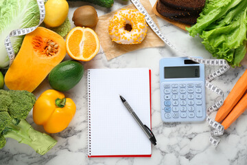 Food products, notebook with calculator on white marble table, flat lay. Weight loss and calorie counting concept