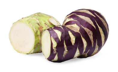 Tasty purple and green Kohlrabi cabbages on white background
