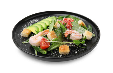 Delicious salad with croutons, avocado and shrimp isolated on white