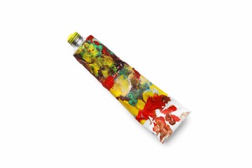 Tube with oil paint on white background, top view