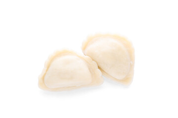 Delicious dumplings (varenyky) with tasty filling on white background, top view