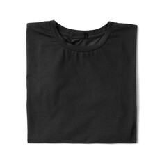 Stylish black T-shirt on white background, top view