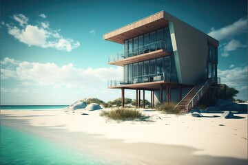 Obraz premium Modern House Concept beside lake and Desert. Generative AI