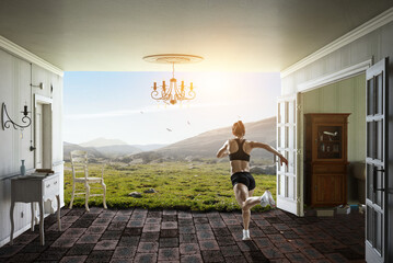 Woman running against natural landscape
