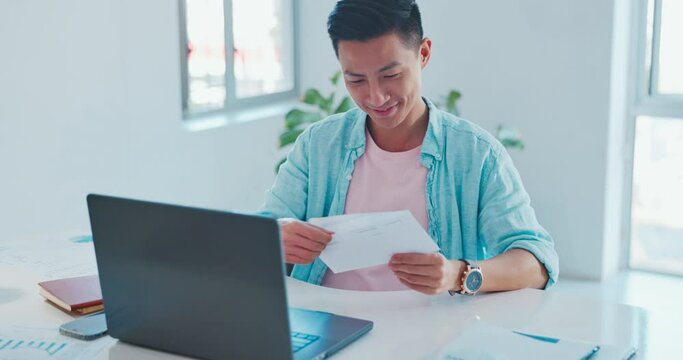 Businessman with mail delivery, letter and communication in office with laptop at desk, b2b networking and technology. Happy, Asian man with professional job notification in Japanese modern office.