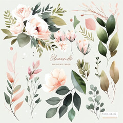 Watercolor floral illustration elements set - green leaves, pink peach blush white flowers, branches. Wedding invitations, greetings, wallpapers, fashion, prints. Eucalyptus, olive, peony, rose