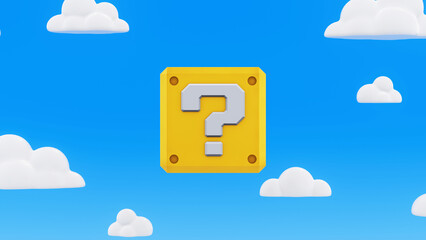 retro game block with question mark, on blue sky with cloud - obrazy, fototapety, plakaty