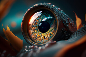 a huge eye looks through a lens disguised as the environment, an eye with a beautiful iris looks through a spyglass or monocle, generative AI - obrazy, fototapety, plakaty