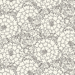 A black and white pattern with leaves and flowers
