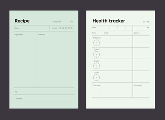 Recipe and Healthtracker memo list Planner. Minimalist planner template set. Vector illustration.