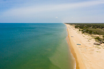Top view of Beautiful sandy beach with palm trees and sea surf with waves. Sri Lanka.