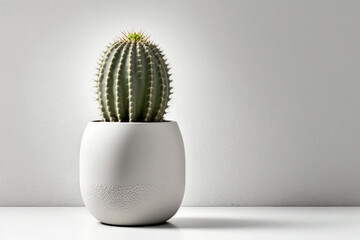 Desert Cactus In A Ceramic Vase On White Table. Generative AI.