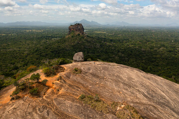 Fototapeta na wymiar Aerial view of Lion Rock in Sigiriya, a famous tourist attraction in Sri Lanka.