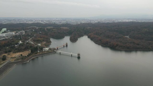 Aerial drone footage of Sayama lake reservoir, Saitama Prefecture, Japan.