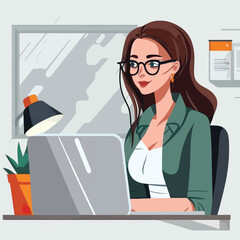2D flat illustration,A joyful businesswoman wearing glasses works at an office. A young and gorgeous female employee is working on a new laptop. Trendy vector style ,Flat vector illustration