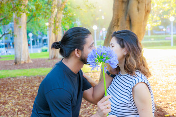 紫色の花に隠れてキスするカップル