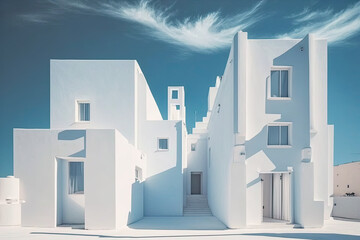 Traditional Greek architecture is in the foreground against minimalist structures. generative AI 