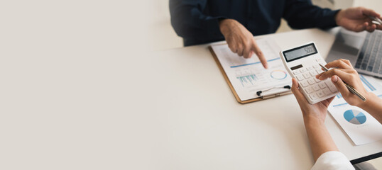 Business sales consultant discussing in data documents at modern office.