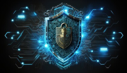 Fototapeta premium Computer cybersecurity shield lock technology background concept generative ai
