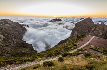 Beautiful sunset over the mountains, Pico do Arieiro, Madeira Island, Portugal.