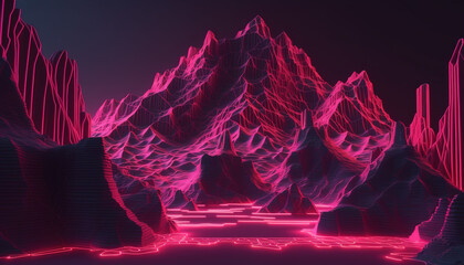 virtual reality pink cyber space landscape with mountains. Neon wireframe terrain