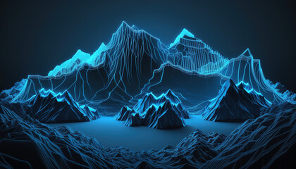 virtual reality blue cyber space landscape with unreal mountains. Neon wireframe terrain