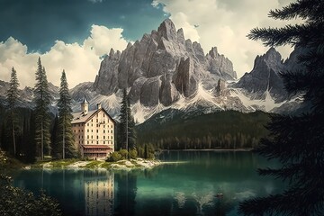 Fototapeta premium Palace besides the mountain, Generative AI