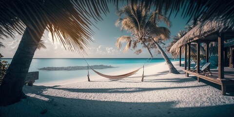 Fototapeta na wymiar luxury beach with hammock and palm trees, blue sea and white sand, generative ai