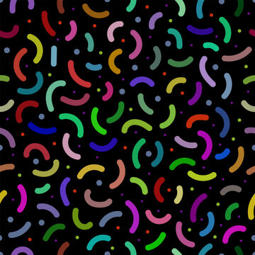 Abstract seamless colorful pattern of lines and dots. Composition in the form of arbitrary multi-colored doodles on a black background. Vector illustration, EPS 10. Neon light, lamps.