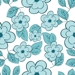 This seamless pattern features delicate blue flowers arranged in a repetitive pattern on a crisp white background, evoking a sense of calm and serenity.