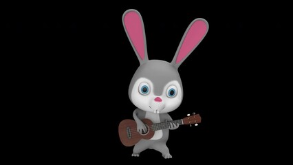 Rabbit playing guitar - 3d render looped with alpha channel.