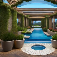 a swimming pool with a patio for entertaining2, Generative AI