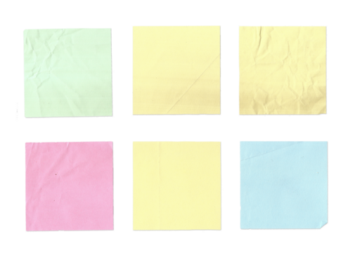 Real post it notes isolated on transparent background. Colored sticky note set. grunge and torn clipart of notes. Sticky note collection with curled corners and shadows. 