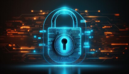 Padlock Cybersecurity, digital lock technology data protection background generative ai