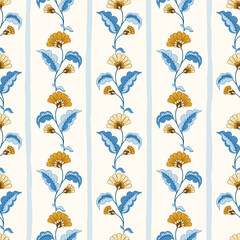 Indian Trailing Flowers and Stripes Vector Seamless Pattern. Cottagecore Chintz Floral on White Background. Delicate Summer Boho Print - 579563787