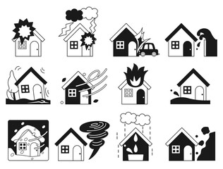 火災保険の挿し絵などに使える災害をイメージしたイラストのセット　白黒バージョン