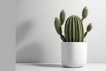 Saguaro In A Ceramic Vase On White Table. Generative AI.